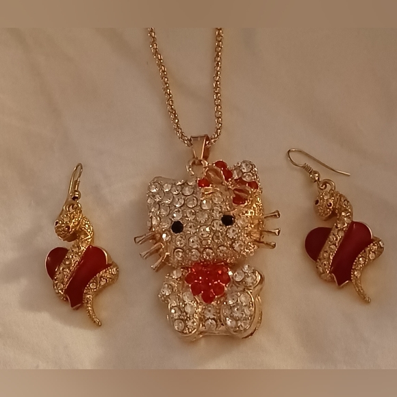 New Golden Crystal Bow Heart Kitty Necklace+Red Heart Wrapped Snake Earrings Set - Picture 14 of 15
